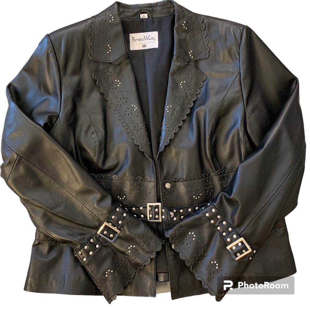 Pamela McCoy black leather jacket with studs and buckles in size M